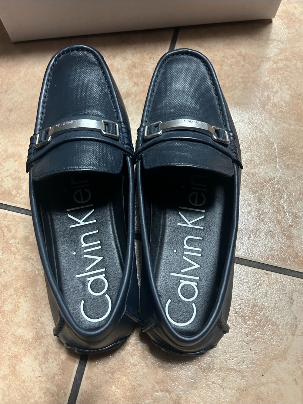 Calvin Klein Men's Dark Blue Leather Slip-On Loafers with Metal Bit